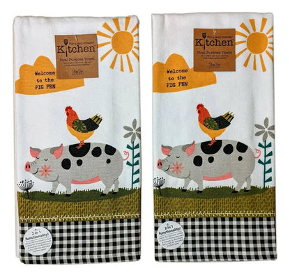 Set of 2 FARM CHARM Pig and Rooster Terry Kitchen Towels by Kay Dee Designs
