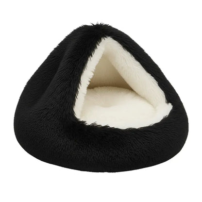 Cozy Hooded Round Pet Bed with Plush Faux Fur Cover for Cats and Small Dogs