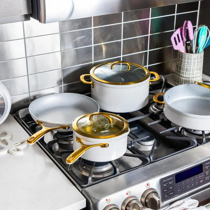 Thyme & Table Nonstick Supreme Cookware Set, 12-Piece, Cream, Greblon C3+ Coating, Oven Safe to 400°F