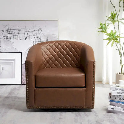 KINWELL Tufted PU Leather Swivel Barrel Chair  29-Inch Wide Comfort Seating