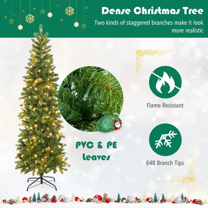 6-Foot or 7-Foot Pre-Lit Slim Pencil Christmas Tree with Realistic PVC/PE Branch Tips