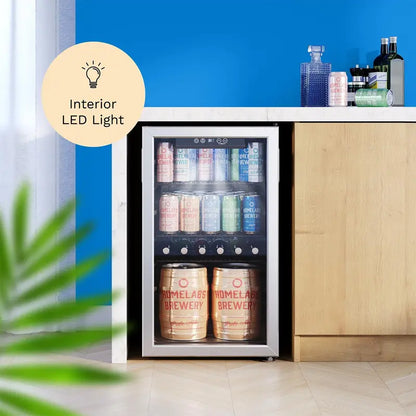 hOmeLabs 120-Can Beverage Refrigerator  Slim Glass-Door Mini Fridge with Removable Shelves & Adjustable Cooling for Offices or Bars