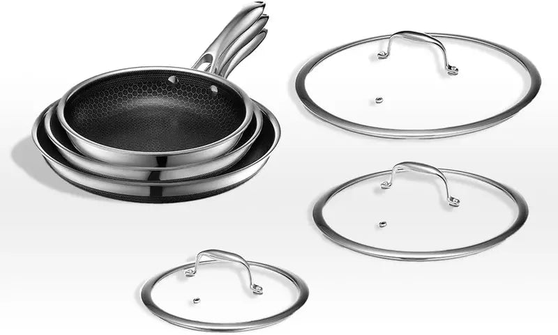 6-Piece Hybrid Nonstick Frying Pan Set  8″, 10″, and 12″ Pans with Tempered Glass Lids, Induction-Compatible, Dishwasher-Safe, Stay-Cool Handles