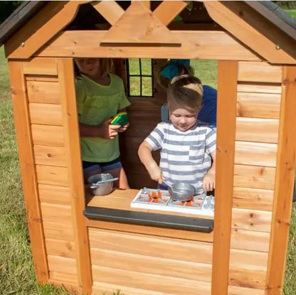 Cedar Indoor/Outdoor Playhouse with Integrated Kitchen Area for Kids