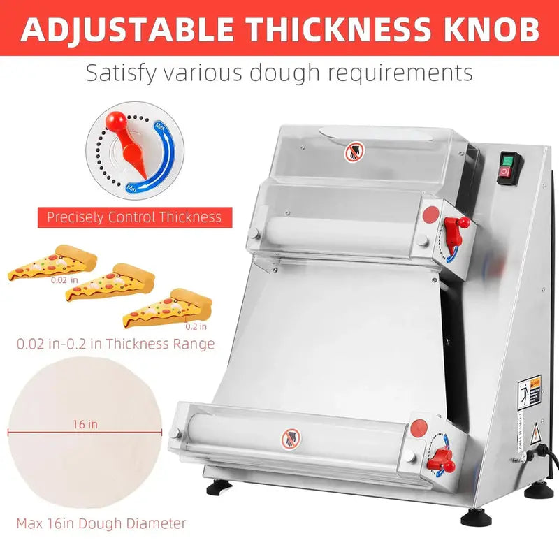 Commercial Electric Pizza Dough Sheeter  16-Inch Max Width, 370W Stainless Steel Roller for Pasta, Noodles & Flatbreads