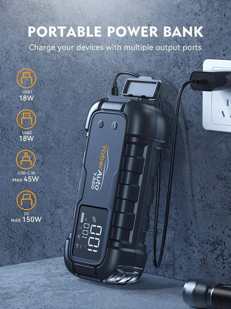 YaberAuto Car Battery Jump Starter 6000A Powerful Portable Jump Box( for All Gas/ 12L Diesel Engines)45W Fast Charging,Extended Jumper Cables,600 Lumens Light