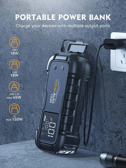 YaberAuto Car Battery Jump Starter 6000A Powerful Portable Jump Box( for All Gas/ 12L Diesel Engines)45W Fast Charging,Extended Jumper Cables,600 Lumens Light