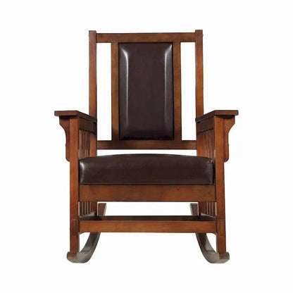 Mission-Style Leather Rocking Chair  Tobacco & Dark Brown Upholstered Seat and Backrest