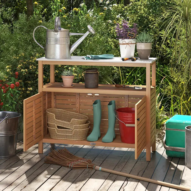 Garden Potting Bench with Storage  Two-Door Acacia Cabinet & Faux Marble Work Surface
