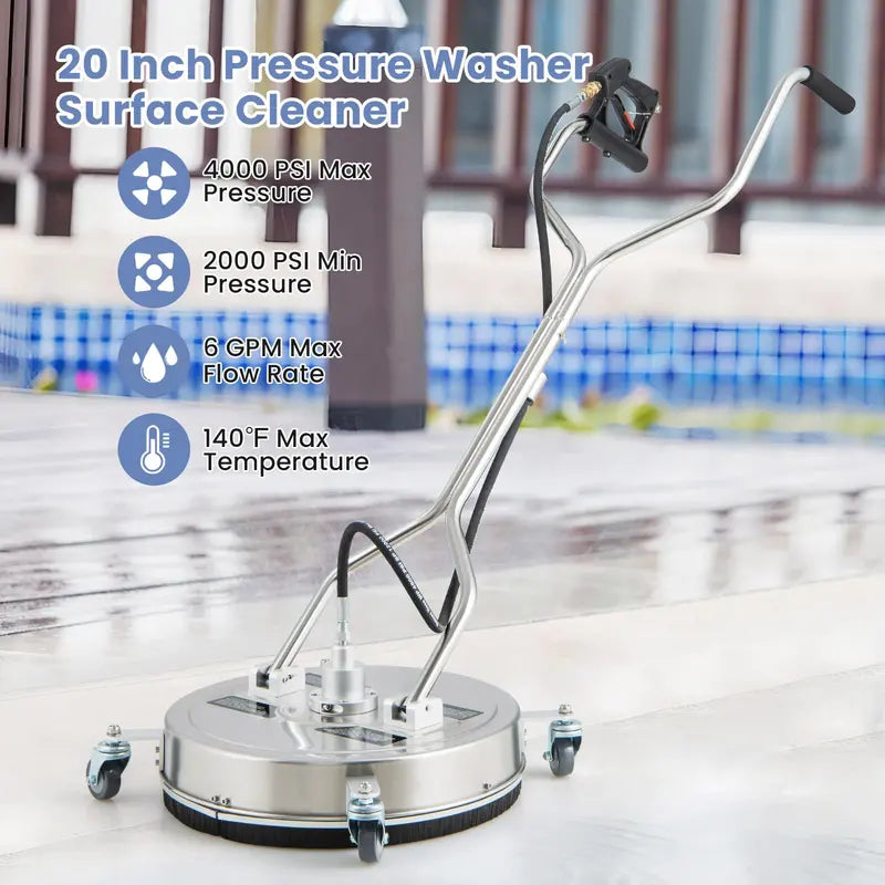 20-Inch Surface Cleaner Attachment for Pressure Washers  Dual-Handle Design with Stainless Housing & 4 Wheels