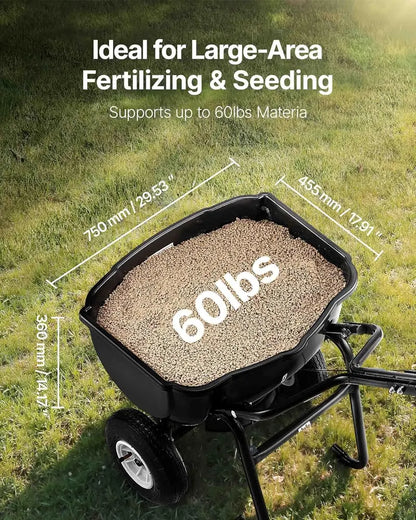60-Lb Walk-Behind Broadcast Spreader  All-Terrain Push Spreader with 10″ Pneumatic Tires & Adjustable Spread Width