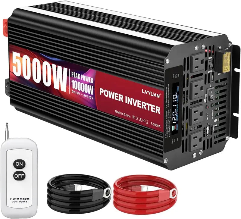 5000W Pure Sine Wave Power Inverter  12V to 120V DC-to-AC Converter with LCD Display, Wireless Remote & 4 AC Outlets for RVs, Solar & Off-Grid Use