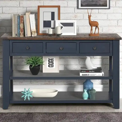 Wooden Console Table with Three Drawers and Dual Open Shelving  Entryway or Living Room Organizer