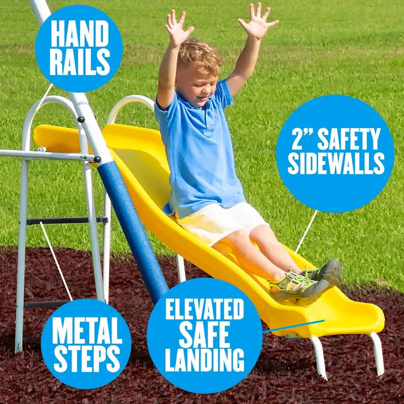 XDP Recreation Play All Day Metal Swing Set with Glider, Bench Swings, Trapeze & Wave Slide for Kids