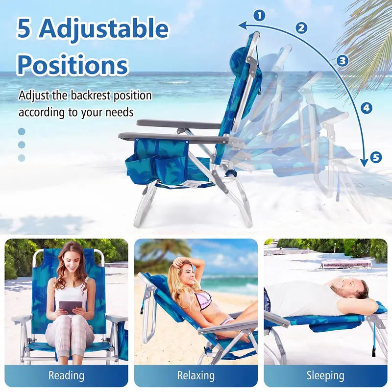 Adjustable Folding Beach Chair for Adults  5-Position Recline, Head Pillow & Integrated Cooler Bag