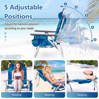 Adjustable Folding Beach Chair for Adults  5-Position Recline, Head Pillow & Integrated Cooler Bag