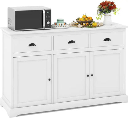 Contemporary Gray Kitchen Sideboard with Three Drawers, Two Cupboards, Three Doors, Adjustable Shelving, and Entryway Storage Functionality