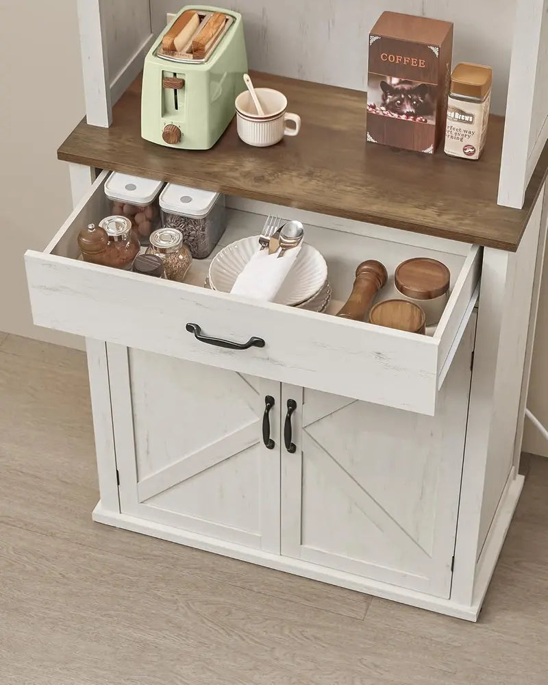 Rustic White Farmhouse Pantry Cabinet  LED-Lit Storage with Charging Port, Drawer & Adjustable Shelves