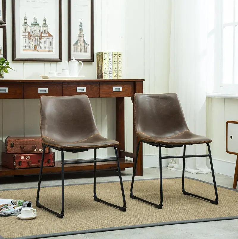 Retro Brown PU Leather Dining Chairs (2-Pack)  Vintage-Style Seating with Antique Finish and Comfortable Backrests