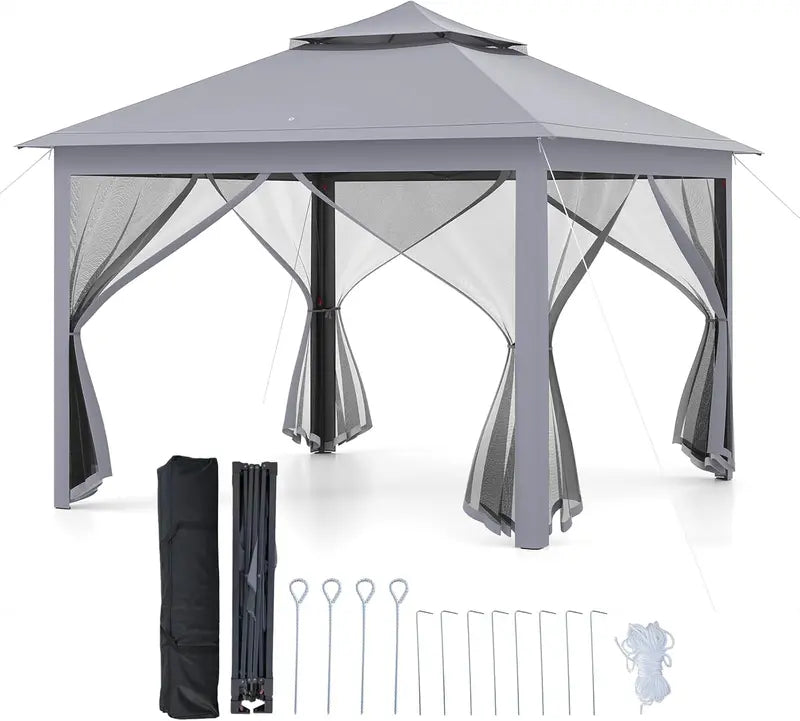11′ x 11′ Pop-Up Gazebo with Mesh Sidewalls  Vented Canopy, Drainage Holes
