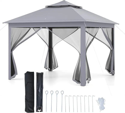 11′ x 11′ Pop-Up Gazebo with Mesh Sidewalls  Vented Canopy, Drainage Holes