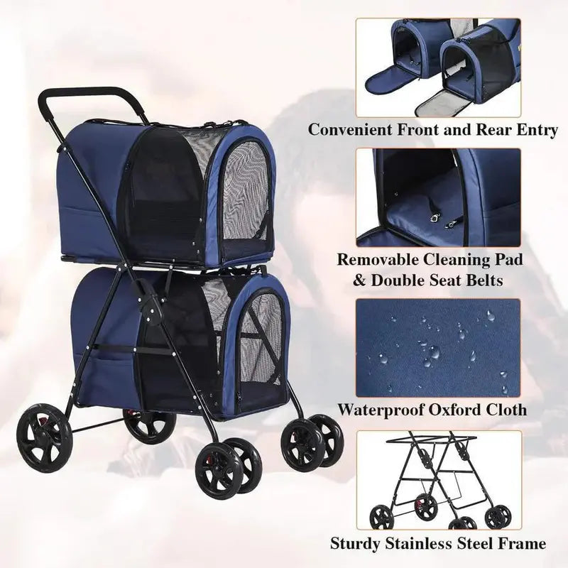 Navy Blue Double Pet Stroller  Foldable 4-Wheel Travel Carrier with Suspension for Two Dogs or Cats