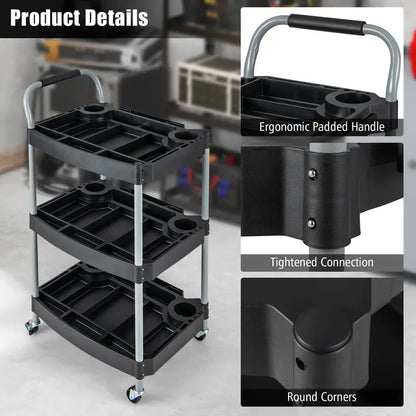 Mobile 3-Tier Tool Cart with Locking Casters and Organized Storage Compartments