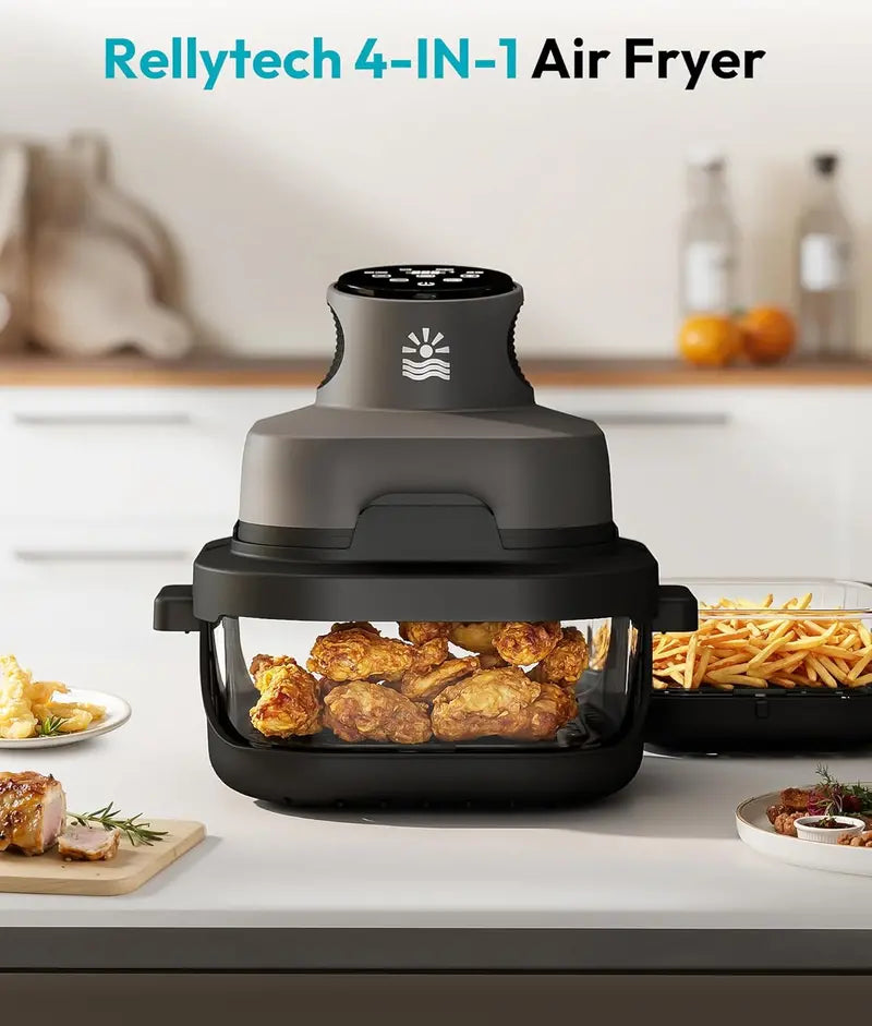 Rellytech Dual-Glass Air Fryer  1500W, 4.2 qt Capacity with Stackable Containers