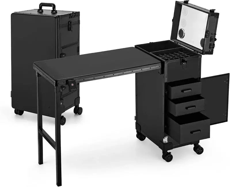 Rolling Manicure Station  LED Mirror, Built-in Bluetooth Speaker, Secure TSA Lock, and Storage Drawers
