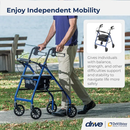 Drive Medical 4-Wheel Rollator Walker  Foldable Design with Padded Seat & Backrest, 6″ Wheels, Durable Blue Frame