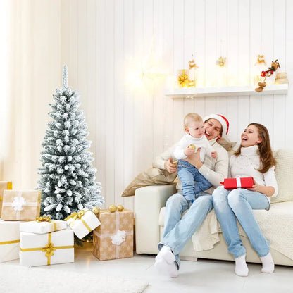 Hinged Snow-Flocked Pencil Christmas Tree  Ultra-Slim Pre-Lit Holiday Tree