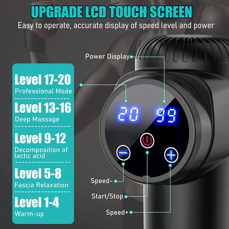 TOLOCO Massage Gun  Handheld Deep Tissue Massager with 20 Speeds & 10 Heads, Cordless & Ergonomic Design