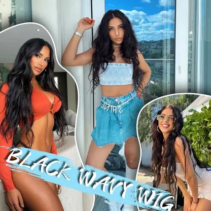 26″ Long Wavy Black Lace Front Wig for Women  Synthetic, Heat-Resistant, Daily/Party Use