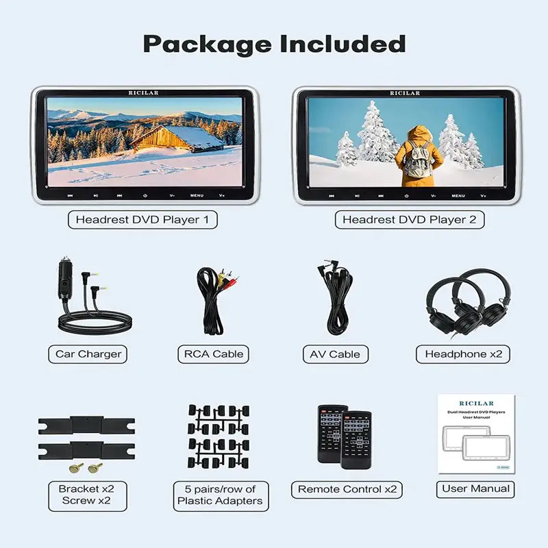 RICILAR Premium 10.5  Dual Screen Portable DVD Player for Car, Black ( 2 x DVD Player£¬Non-built-in battery )