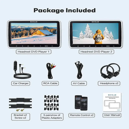 RICILAR Premium 10.5  Dual Screen Portable DVD Player for Car, Black ( 2 x DVD Player£¬Non-built-in battery )