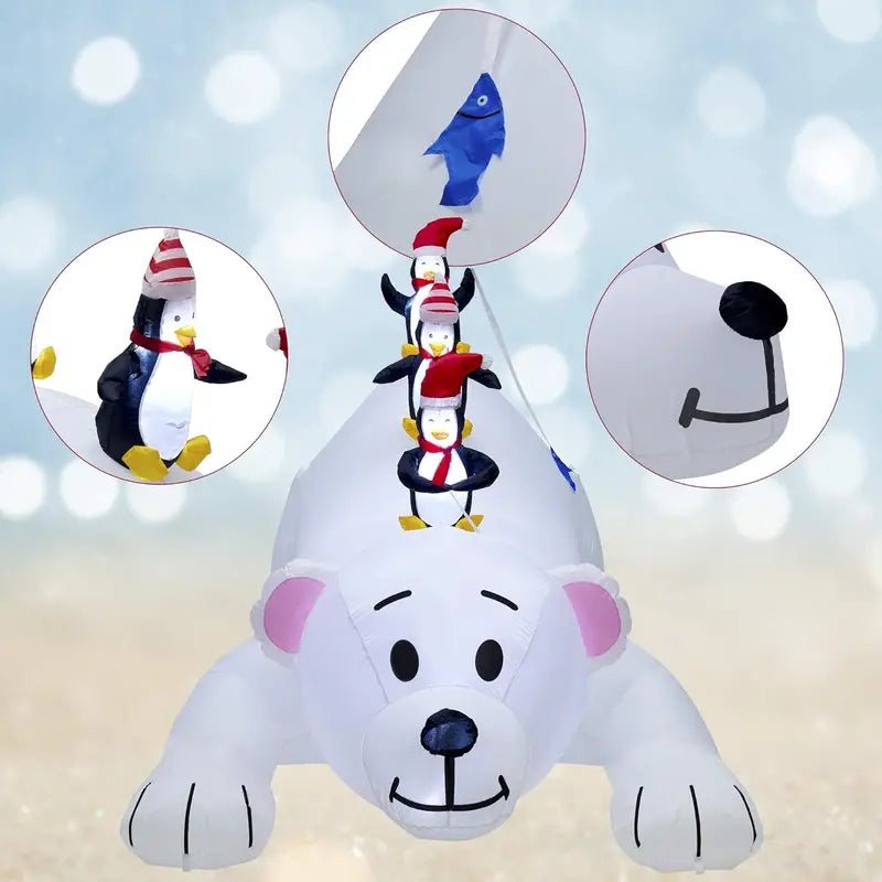 Juegoal 7.7ft Christmas Inflatable Polar Bear with Penguins, LED Lighted, Indoor Outdoor Holiday Decor