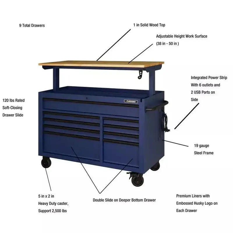 Heavy-Duty Mobile Workbench  52-Inch, 9-Drawer, Adjustable Solid Wood Top