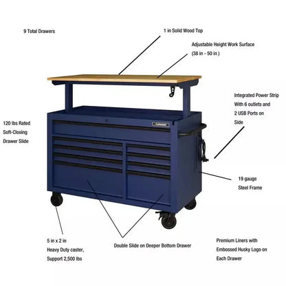 Heavy-Duty Mobile Workbench  52-Inch, 9-Drawer, Adjustable Solid Wood Top