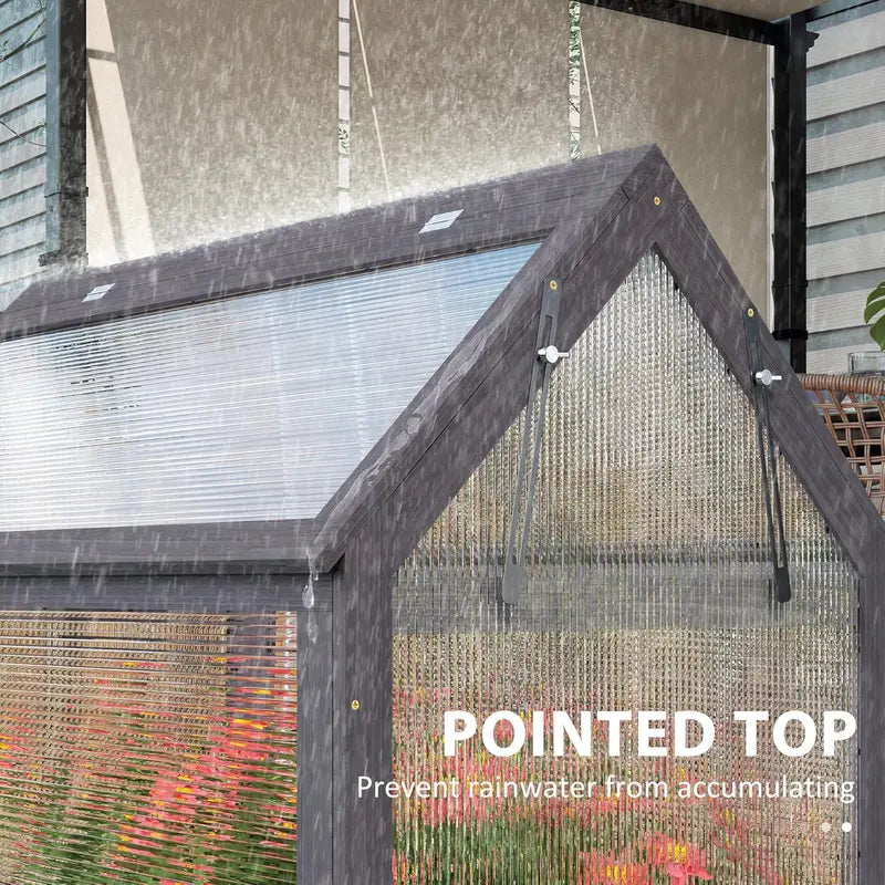 Wooden Raised Garden Bed with Polycarbonate Peak-Roof Greenhouse — 35.5″ x 22.5″ x 38.25″, Gray