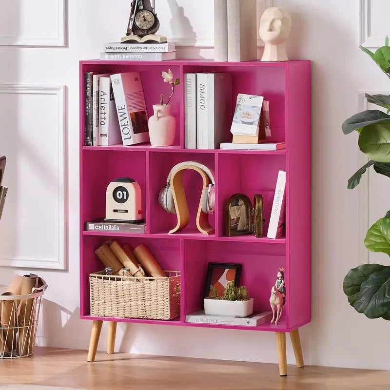 LEYAOYAO Natural Wood 7-Cube Bookshelf  Modern Open-Back Storage Unit with Solid Legs