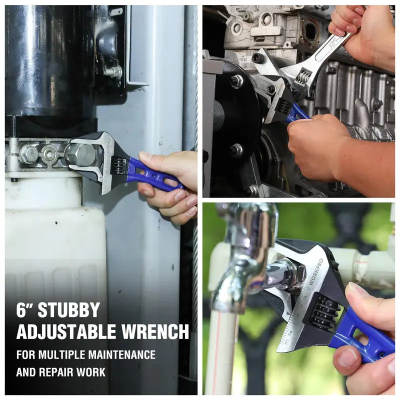 WORKPRO 6-Inch Stubby Adjustable Wrench — 1.5″ Wide Jaw, Dual Metric/SAE Scale Markings