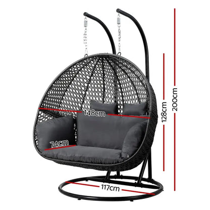 Gardeon Wicker Egg Swing Chair  Two-Person Outdoor Pod with Grey Cushions & Stand