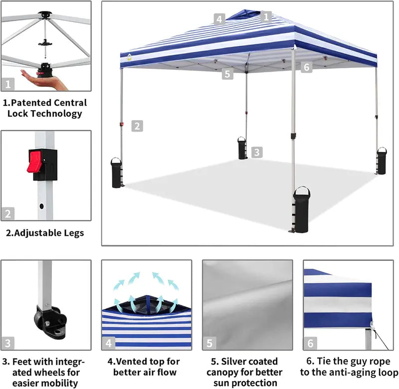 10×10 One-Touch Pop-Up Awning  Beach Sunshade Tent with Silver-Coated Canopy, 3 Height Adjustments & 4 Sand Pockets