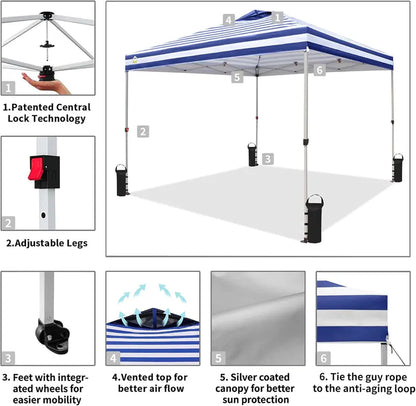 10×10 One-Touch Pop-Up Awning  Beach Sunshade Tent with Silver-Coated Canopy, 3 Height Adjustments & 4 Sand Pockets