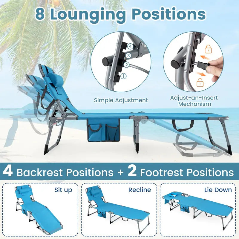 Adjustable Beach Lounge Chair  Folding Sun Lounger with 4-Position Reclining Backrest