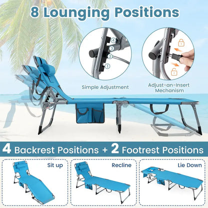 Adjustable Beach Lounge Chair  Folding Sun Lounger with 4-Position Reclining Backrest