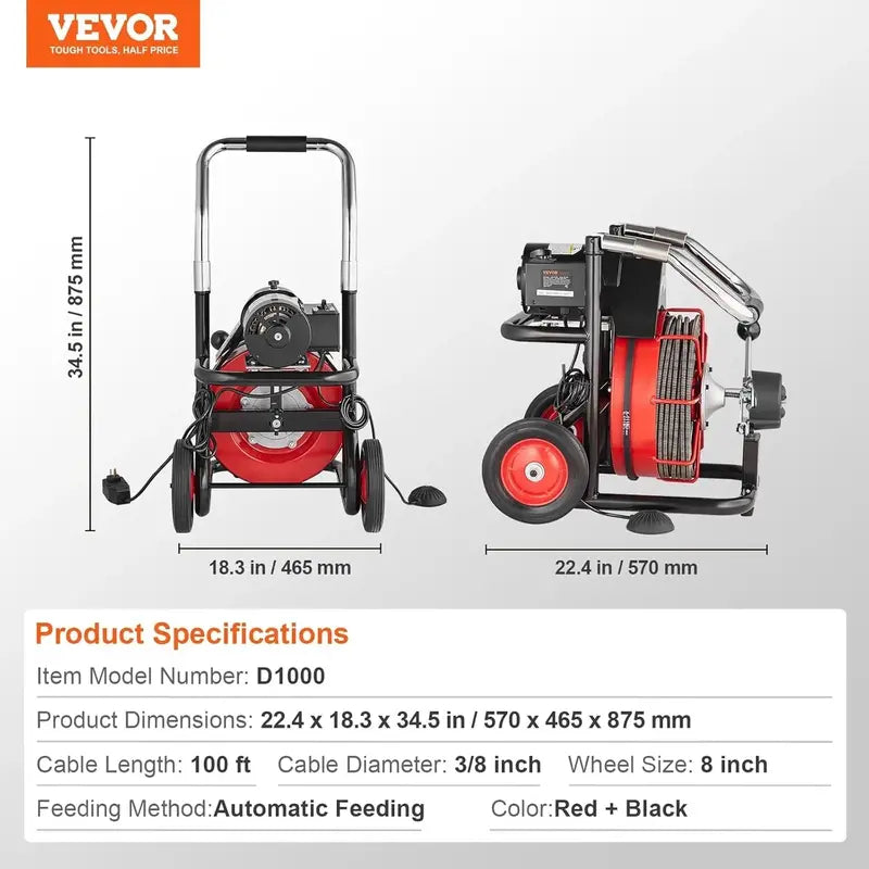 100-Foot Auto-Feed Drain Snake Machine  550W Portable Sewer Auger with 8 Cutters & Foot-Controlled Operation