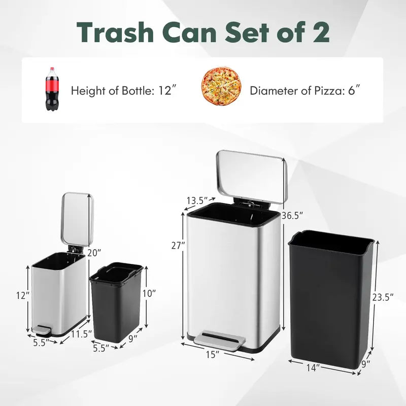 Dual-Size Step-Activated Stainless Steel Trash Can Set (10.6 Gal + 1.6 Gal)