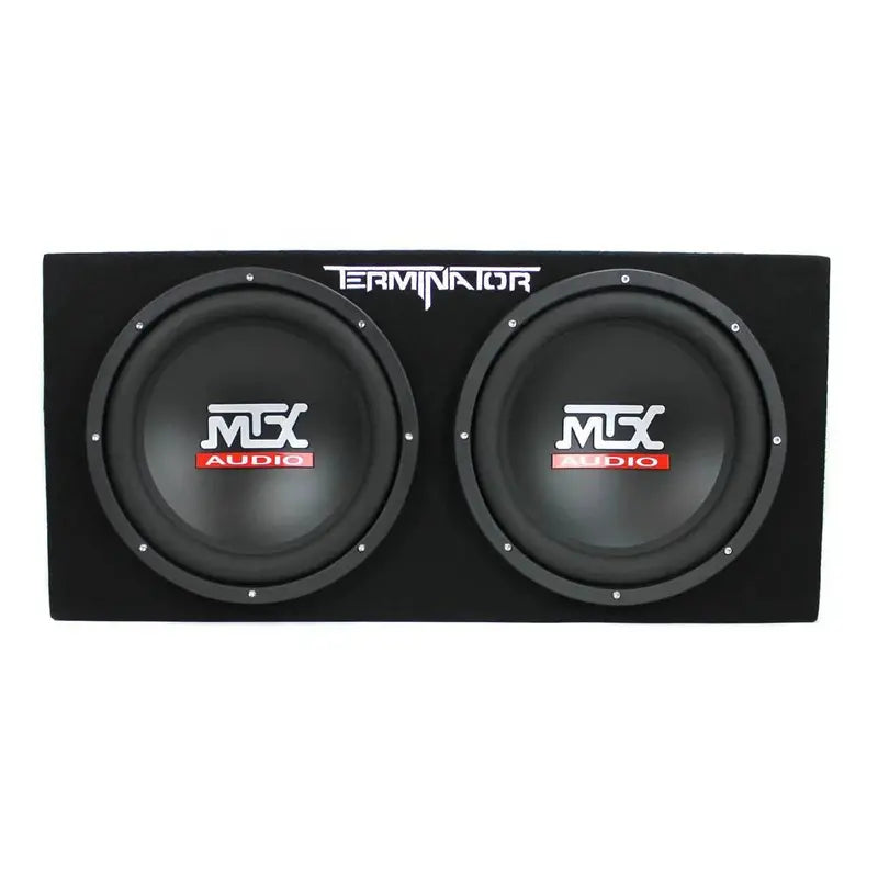 MTX TNE212D 12″ Dual-Voice-Coil Subwoofer Enclosure Bundle  1200W Box, 1500W Amp, and Power Capacitor