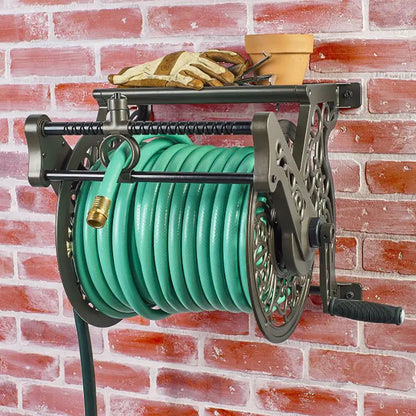 Liberty Garden 125′ Wall Mounted Cast Aluminum Hose Reel with Hose Guide